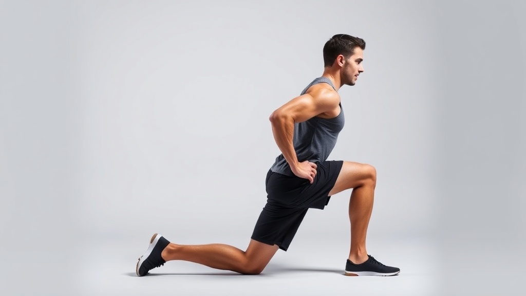 한 남성이 런지 자세에서 흉추를 회전시키며 관절 가동 범위를 확장하는 가동성 훈련을 수행하고 있다.